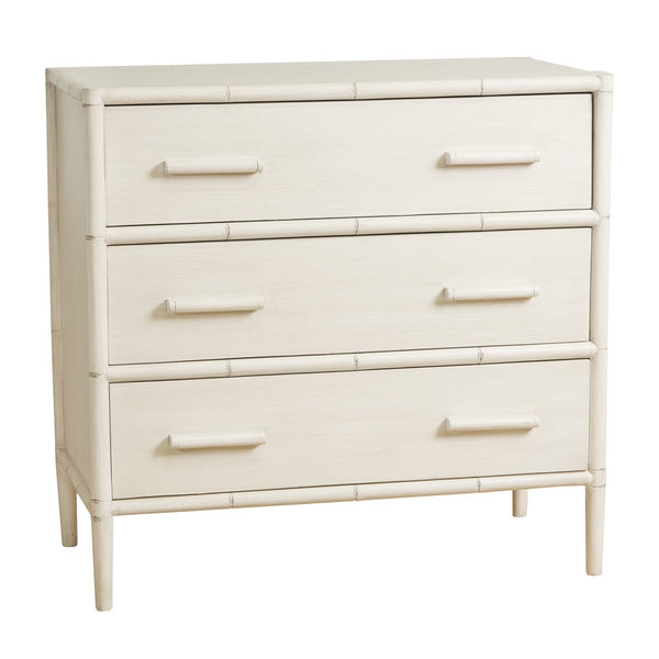 A chest of drawers with three full-width drawers. The frame and drawer faces are a distressed white wash colour, and the frame corners and drawer separators have subtle raised detailing that resembles bamboo poles. The drawers have long, recessed pull handles.
