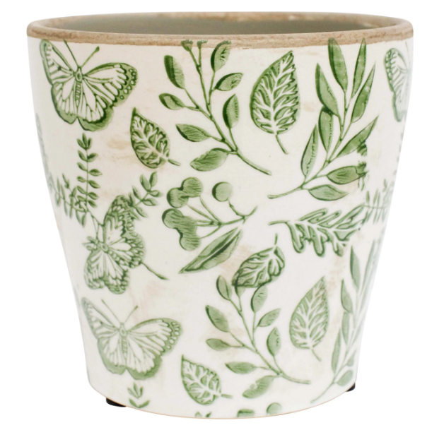 Ceramic planter with green butterfly and foliage design on an off-white base, 12x12x10.5cm.