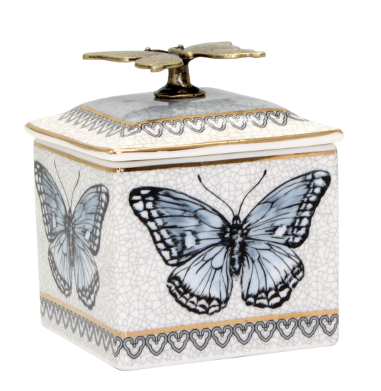 Grey ceramic butterfly trinket box with brass butterfly lid and decorative crackle finish