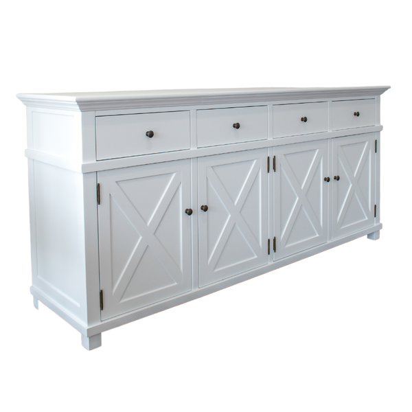 Canterbury white sideboard with cross panel doors and drawers styled in a Hamptons interior