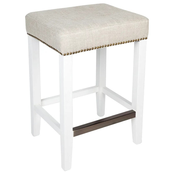 White kitchen stool with natural linen seat and brass footrest