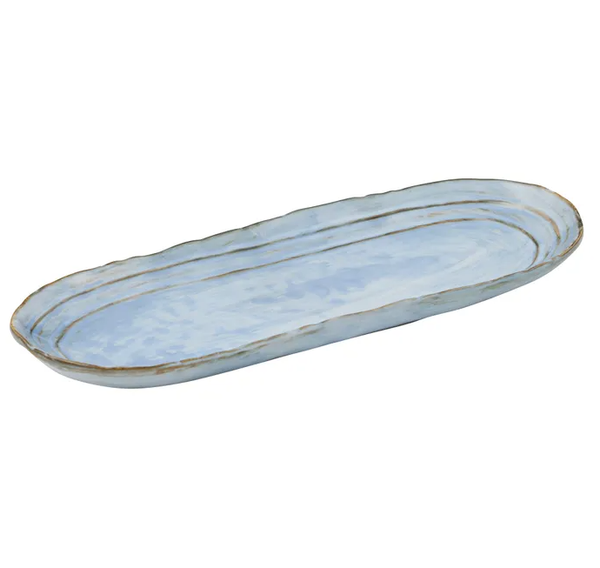 Blue ceramic oval platter with hand-finished glaze and coastal-inspired design, 32.5x13cm.