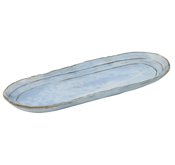 Blue ceramic oval platter with hand-finished glaze and coastal-inspired design, 32.5x13cm.