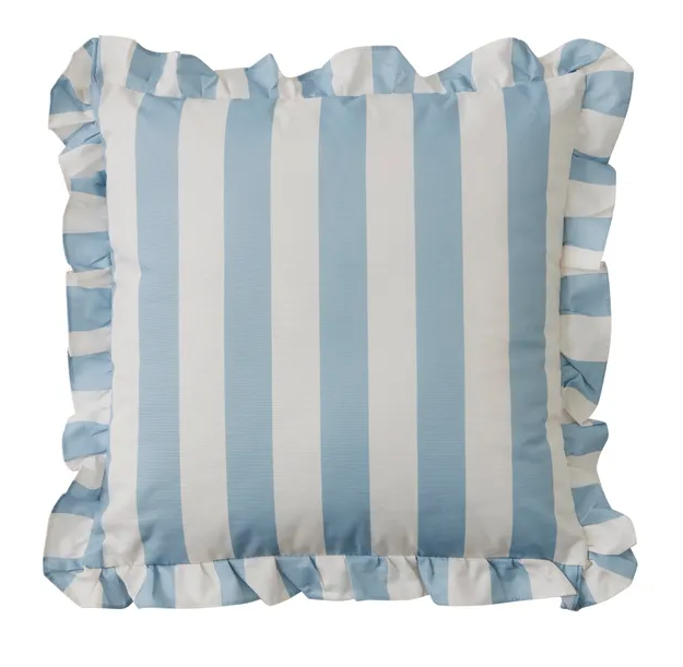 Blue and white striped cushion with ruffled edges, Capri Stripe Ruffle Cushion in Denim 45x45cm.