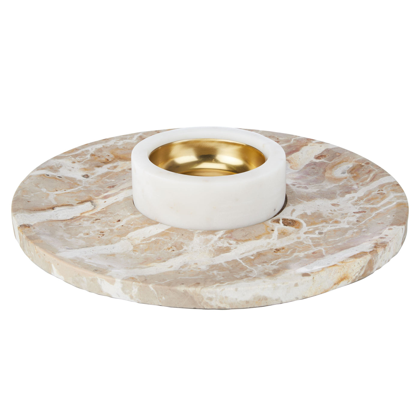 Carprani round marble chip and dip platter in white and beige with central dip bowl