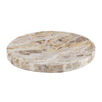 Round white and beige marble serving board with natural stone veining