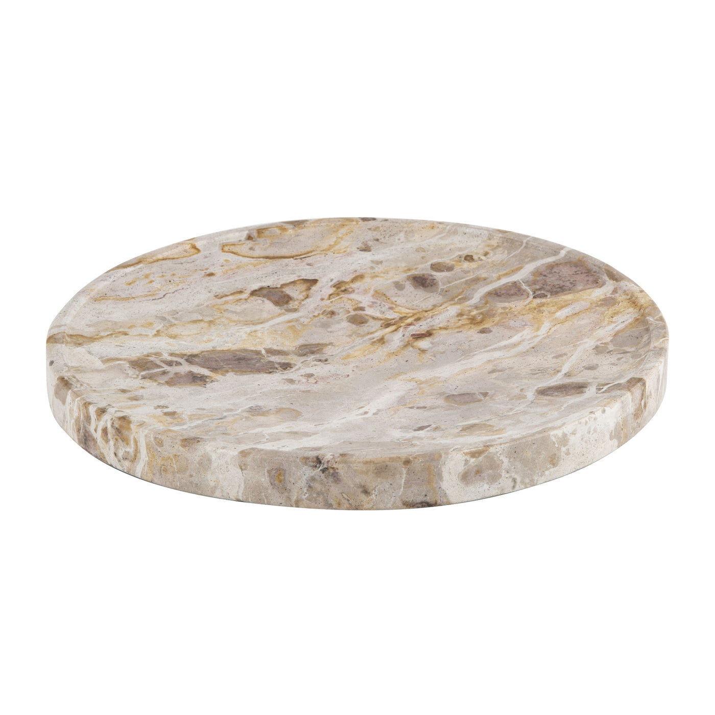 Round white and beige marble serving board with natural stone veining