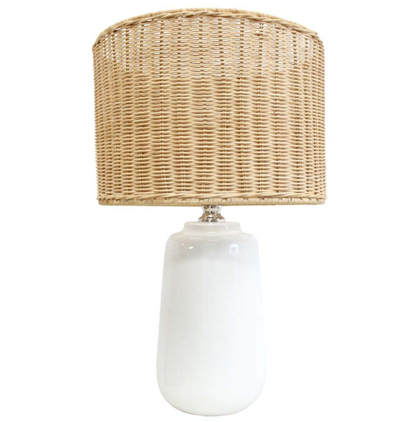 Cayman Rattan Lamp with white ceramic base and natural woven rattan shade, 53cm height.
