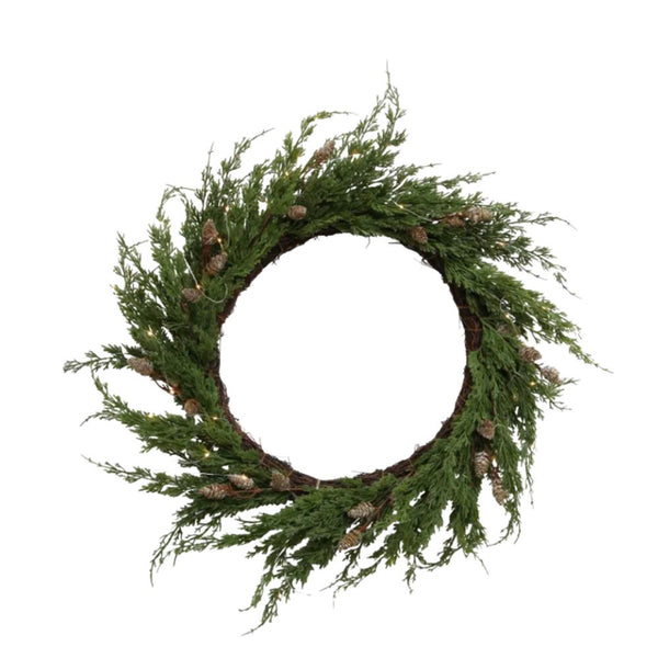 Cedar and pinecone Christmas wreath with integrated LED lights, 65cm diameter.