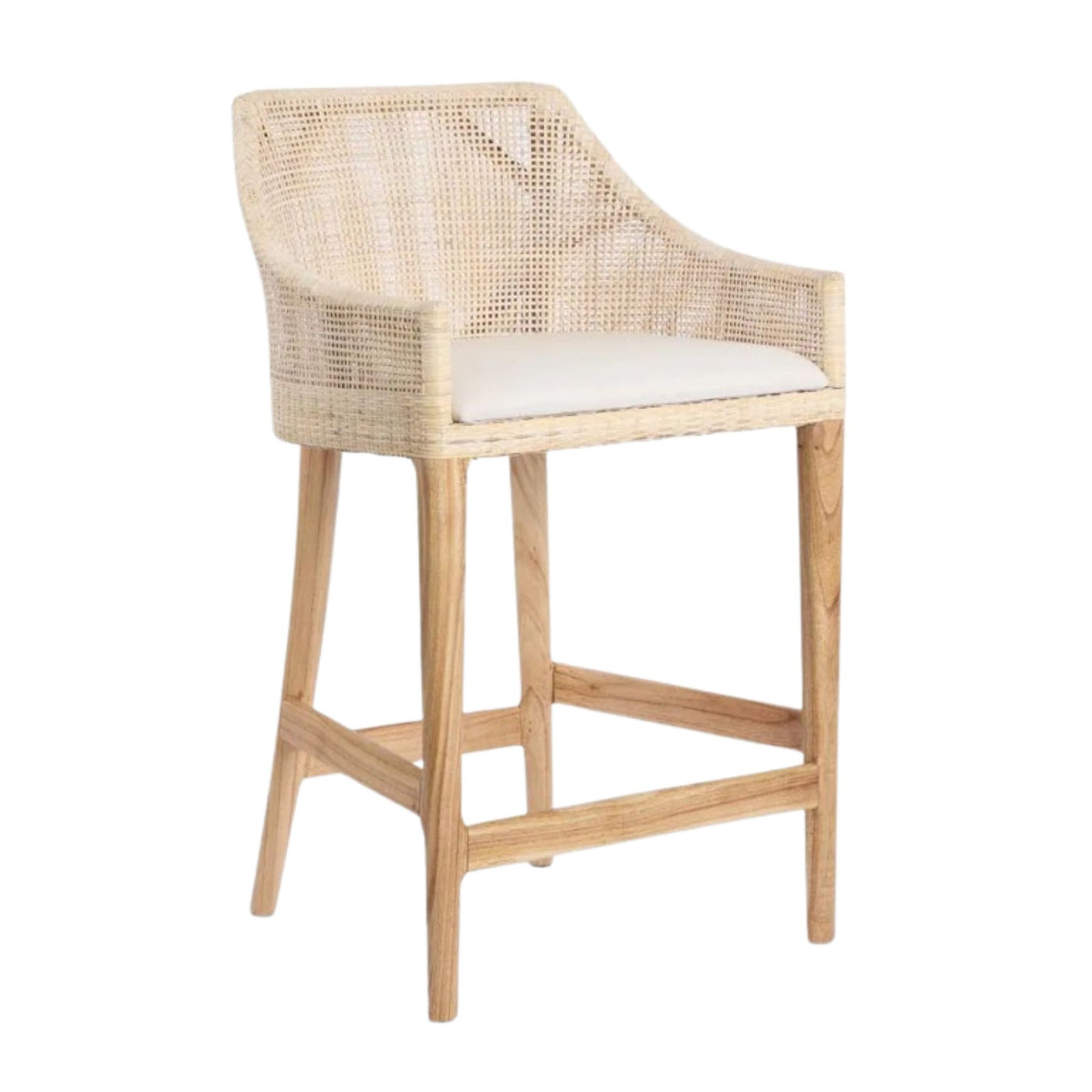 Charlotte rattan counter stool natural whitewash with woven backrest and upholstered seat
