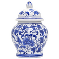 Charlotte Temple Jar 20cm featuring a blue and white floral porcelain-inspired pattern with matching decorative lid for Hamptons and coastal styling.