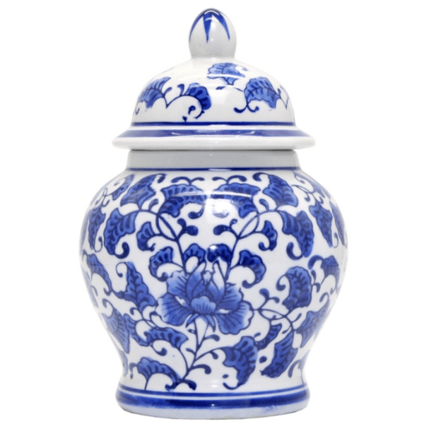 Charlotte Temple Jar 20cm featuring a blue and white floral porcelain-inspired pattern with matching decorative lid for Hamptons and coastal styling.