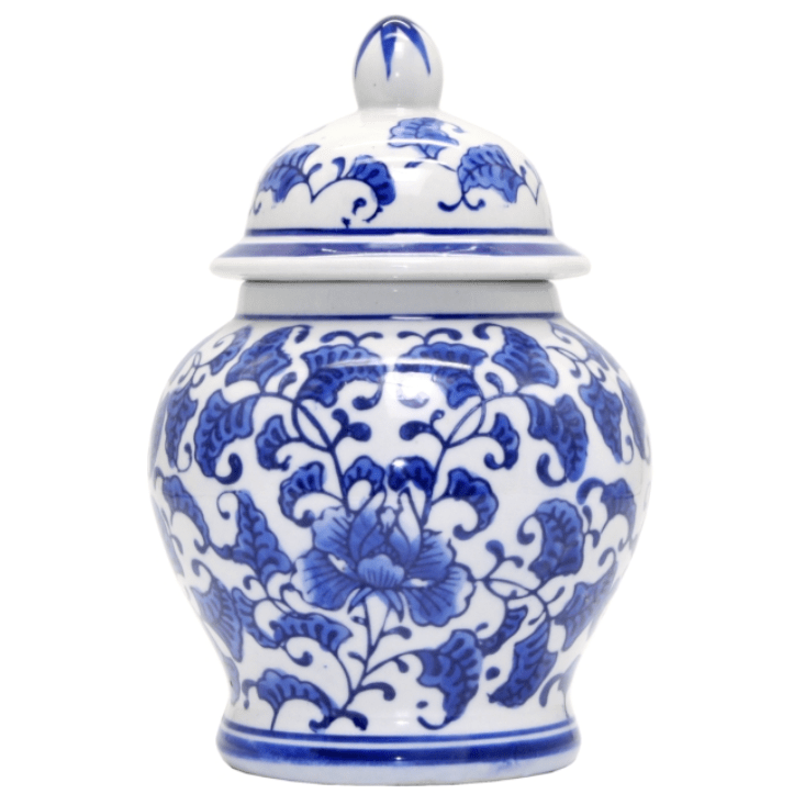 Charlotte Temple Jar 20cm featuring a blue and white floral porcelain-inspired pattern with matching decorative lid for Hamptons and coastal styling.