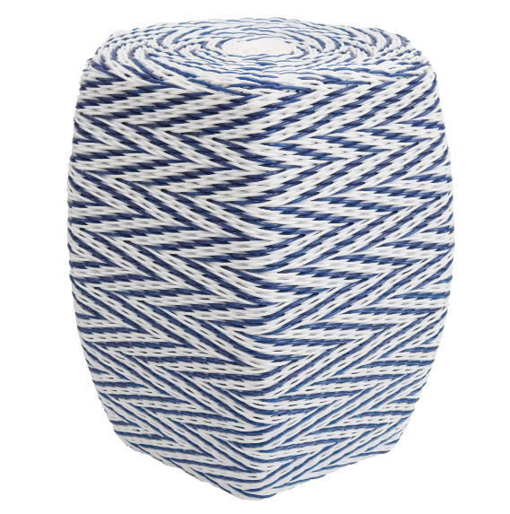Blue and white chevron woven Hamptons stool/table with coated metal frame, versatile for indoor or outdoor use.