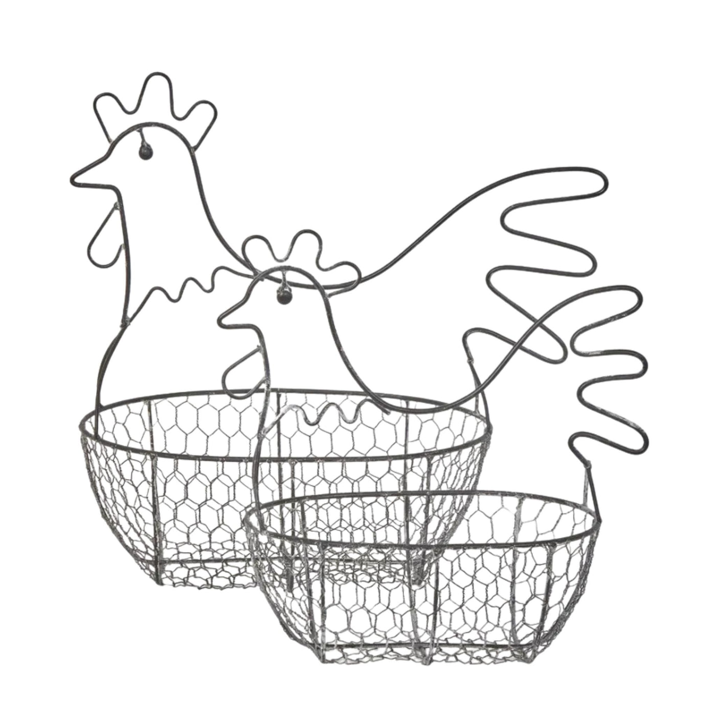 Set of two grey chicken wire baskets with decorative chicken silhouettes
