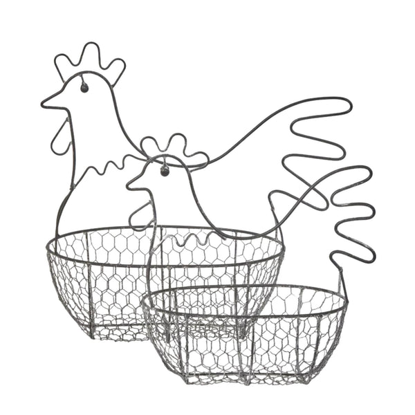 Set of two grey chicken wire baskets with decorative chicken silhouettes