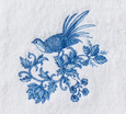 White cotton hand towel with blue embroidered Chinoiserie bird and floral design.