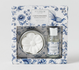 Chinoiserie Scented Disc Gift Set in blue and white floral box with ceramic disc and French Linen fragrance oil.