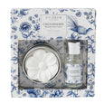 Chinoiserie Scented Disc Gift Set in blue and white floral box with ceramic disc and French Linen fragrance oil.