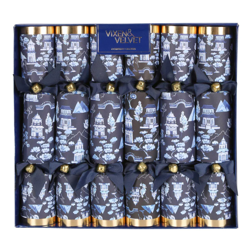 Set of six blue and gold chinoiserie temple Christmas crackers with decorative patterns