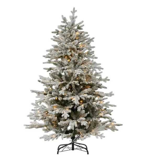 Snow-dusted 150cm Christmas tree with warm white LED lights, creating a festive and realistic holiday display.