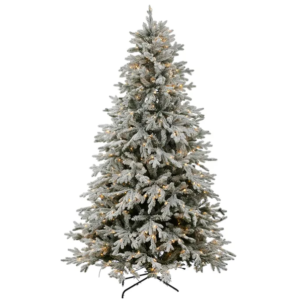 Snow-dusted 180cm Christmas tree with warm white LED lights, creating a festive and realistic holiday display.
