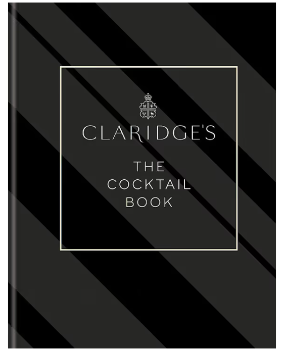 Hardcover book titled "Claridge’s: The Cocktail Book" with a sleek black cover featuring diagonal stripes and elegant silver lettering, showcasing the classic style of the Claridge’s London hotel.
