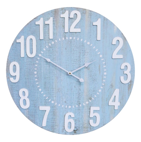 Mist blue wall clock with raised white numbers and weathered finish styled in a coastal Hamptons-style interior