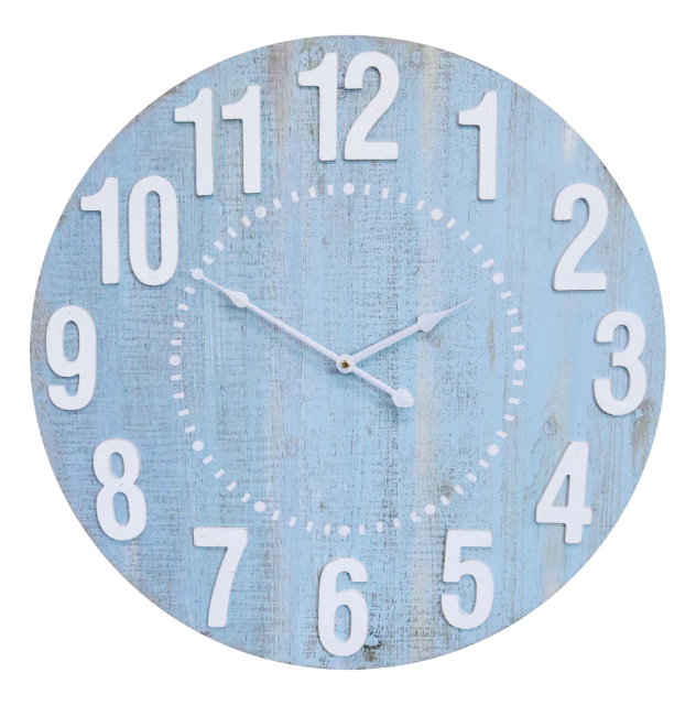 Mist blue wall clock with raised white numbers and weathered finish styled in a coastal Hamptons-style interior