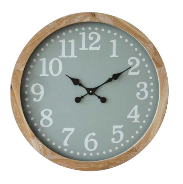 Large silver wall clock with white numerals and timber-look frame styled in a Hamptons-style interior