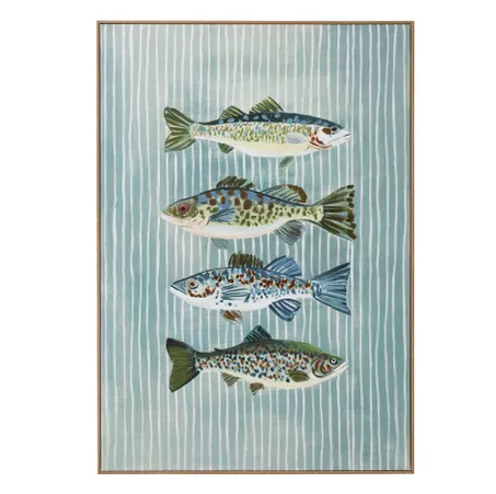 Hand-painted coastal fish study oil painting featuring four detailed fish on a soft seafoam striped background, framed in natural ash timber for Hamptons and coastal interiors.
