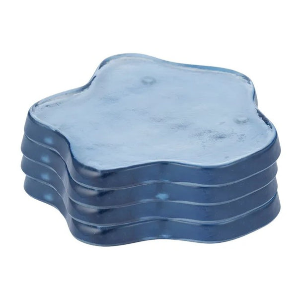 Blue glass coasters set of 4 with organic wave shape in coastal style