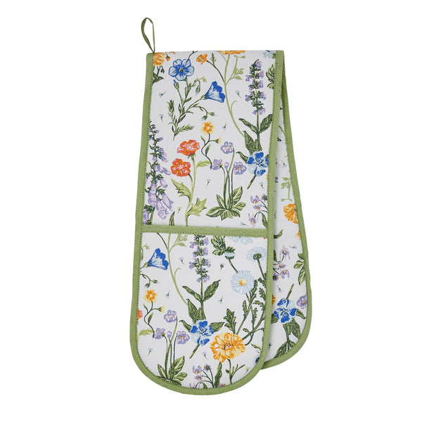 Cottage Garden Double Oven Glove with colourful wildflower print and green trim