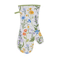 Floral cottage garden gauntlet oven glove in multi-coloured print with green trim.
