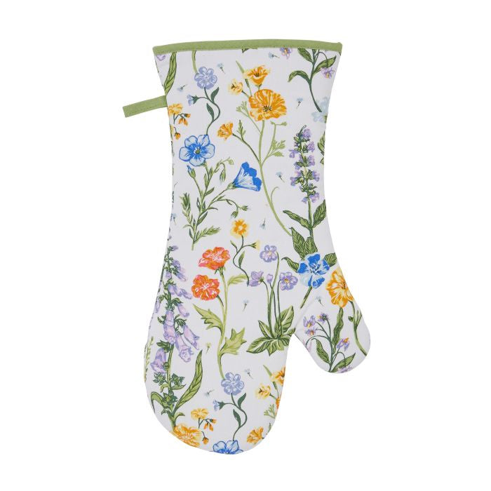 Floral cottage garden gauntlet oven glove in multi-coloured print with green trim.