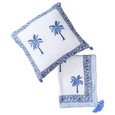 Blue and white hand block printed cotton throw with palm motif and tassel detail styled in a coastal Hamptons-style interior
