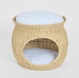 Cove natural rattan pet bed with open front and striped cushion