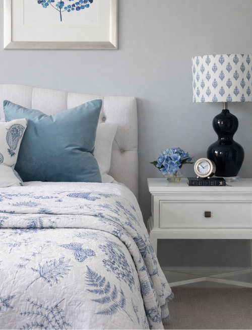 Bedroom with blue and white bedding, pillows, and decor on a gray wall.