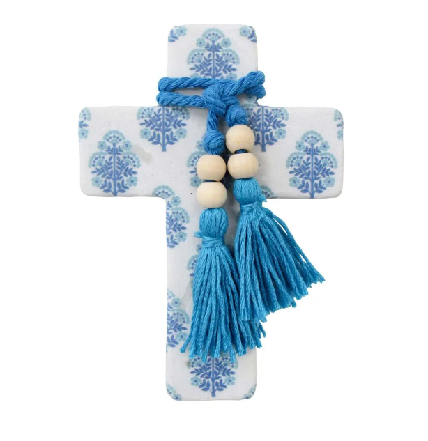 Blue and white decorative resin cross with tassels and wooden beads