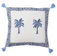 Blue and white hand block printed cotton cushion with palm motif and tassel corners styled in a coastal Hamptons-style interior