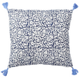 Blue and white hand block printed cotton cushion with palm motif and tassel corners styled in a coastal Hamptons-style interior