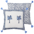 Blue and white hand block printed cotton cushion with palm motif and tassel corners styled in a coastal Hamptons-style interior