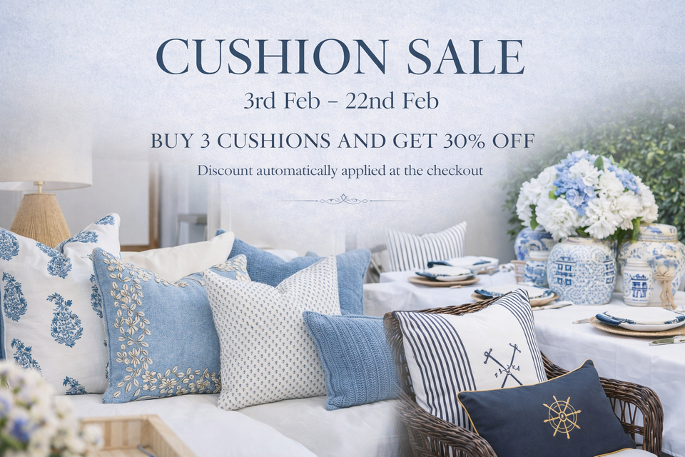 Hamptons Style cushion sale banner featuring blue and white coastal cushions, offering buy 3 cushions and get 30% off from 3rd February to 22nd February, with discount automatically applied at checkout.