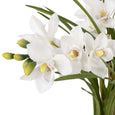 Artificial Cymbidium Orchid Pot in white with lifelike green foliage and decorative pot, 85cm tall. Close up of stems.