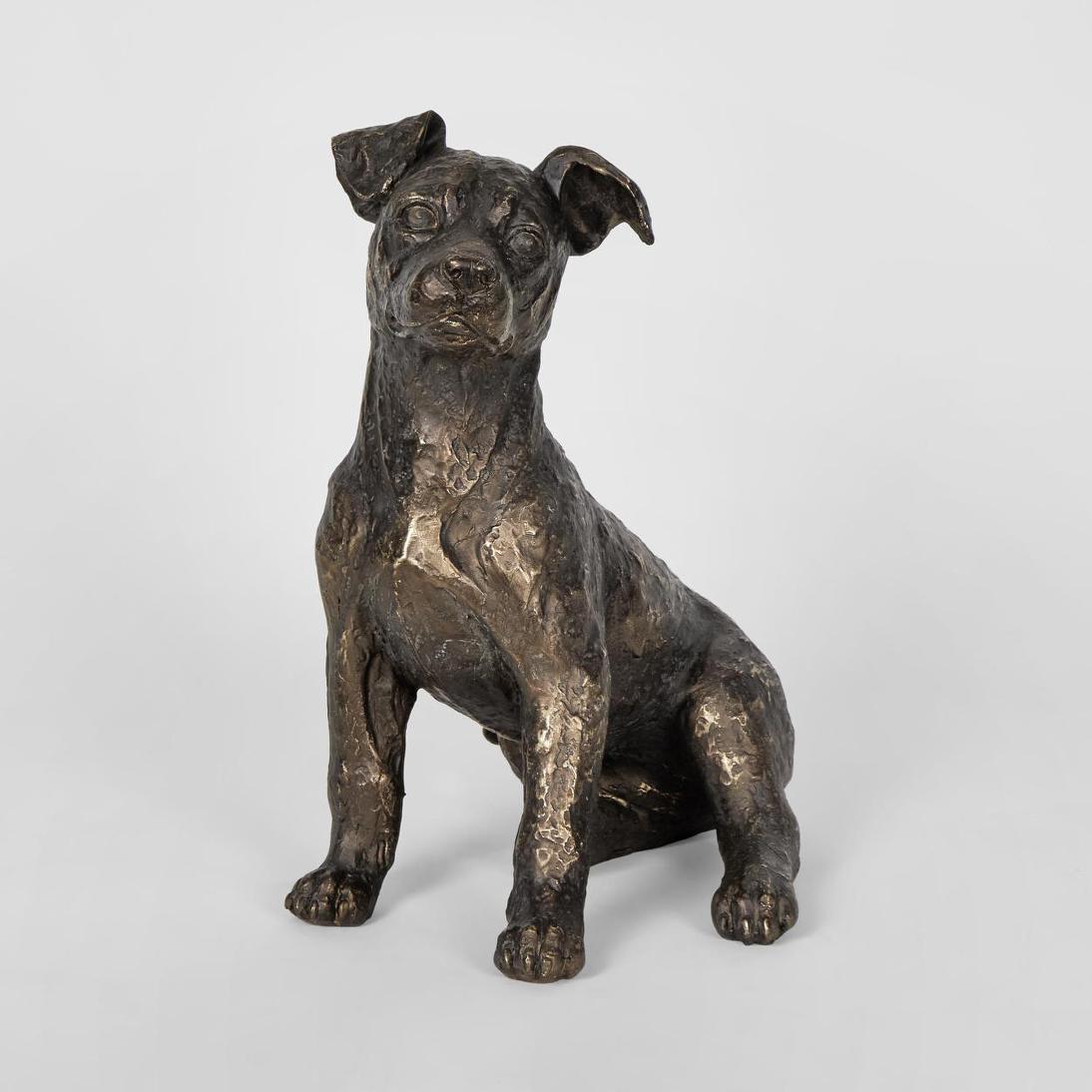 Bobby Dog Sculpture in bronze finish, a seated terrier with folded ears