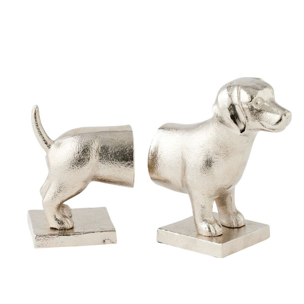 Silver dachshund-shaped aluminium bookends, set of 2, measuring 20x18.5x9cm.
