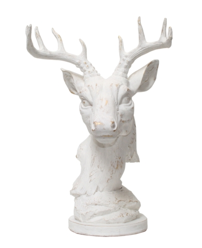 White distressed resin deer head ornament with antlers, 39cm decorative sculpture.