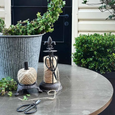 Drapers cast iron string holder with twine, styled outdoors beside potted plants