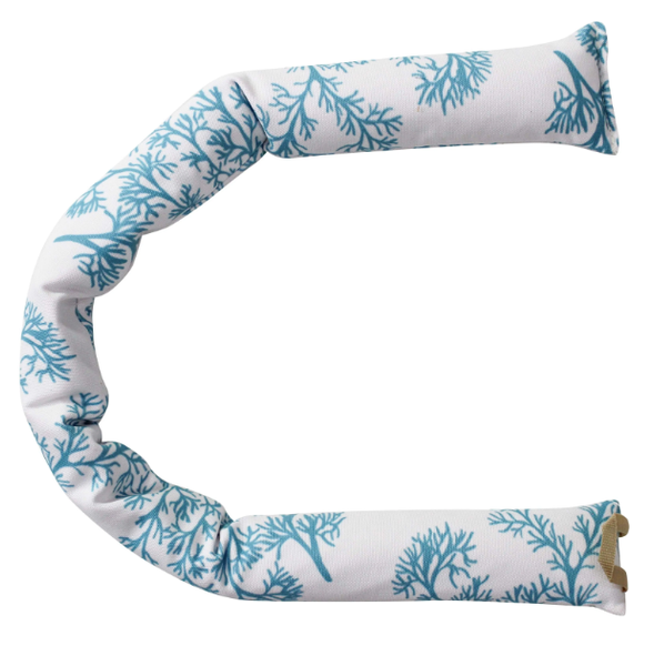 A long, slender draught stopper made from natural-coloured cotton fabric. The fabric has a very subtle, light-coloured print of delicate coral or botanical motifs. There is a small loop on one end for hanging.
