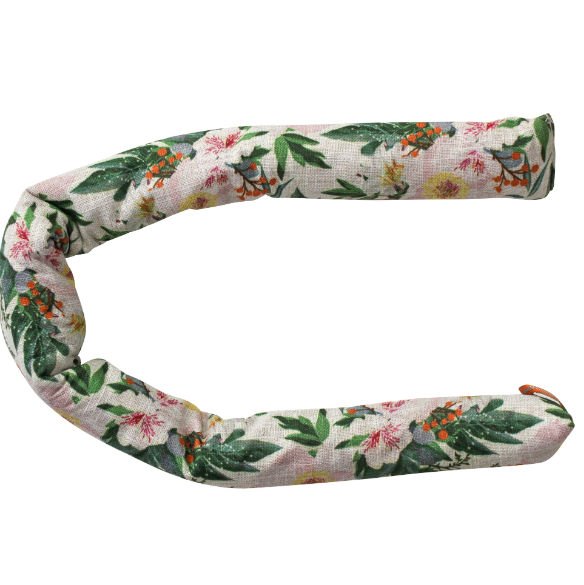 A long, rounded draught stopper made from a light-coloured linen-like fabric. The fabric is printed with a bright, multi-coloured pattern of flowers and green leaves. The stopper is shown bent into a U-shape.